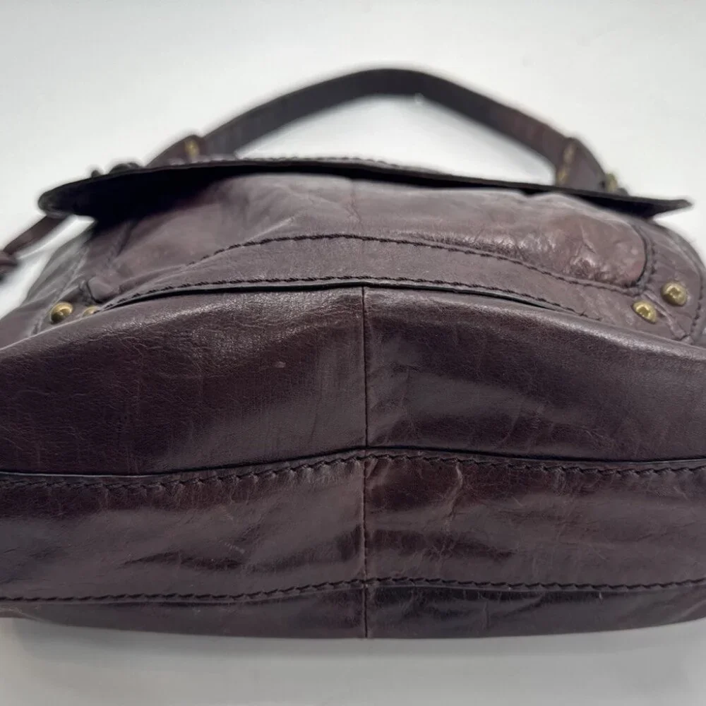 Vintage FOSSIL Leather Shoulder Messenger Bag Dark Plum Large Purse Y2K Hobnail